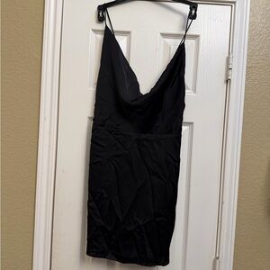 Sleek Black Cowl Neck Mini Dress with Spaghetti Straps